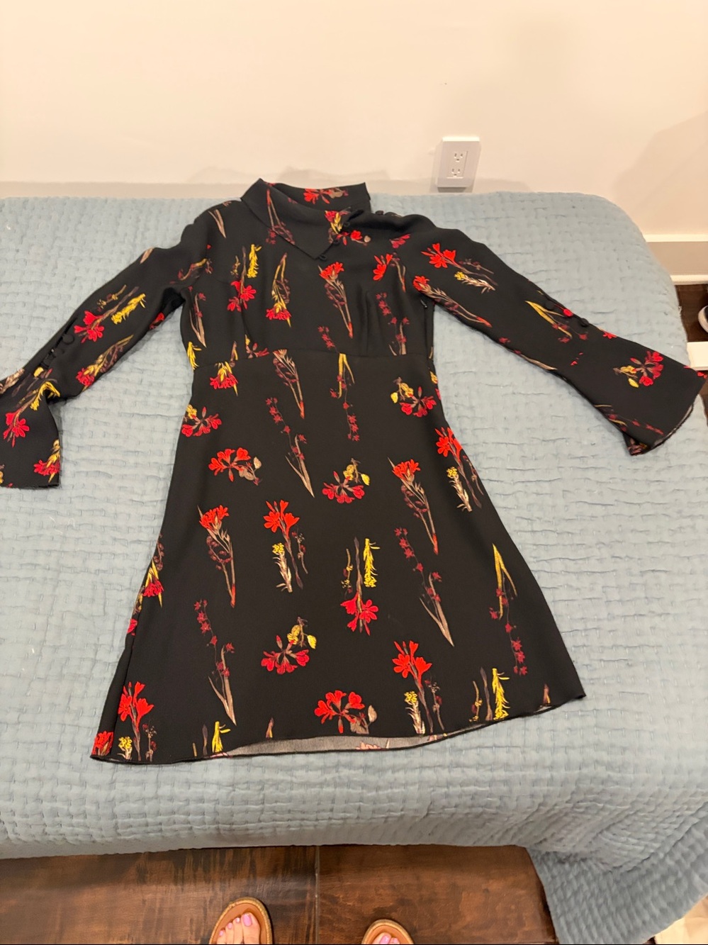 Vince Camuto Black Long-Sleeve Chinoiserie Floral Dress with Red & Yellow Print